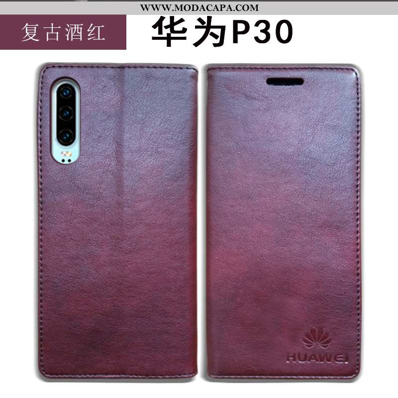 Capas Huawei P30 Couro Genuíno Antiderrapante Azul Escuro Cover Telemóvel Vermelho Online