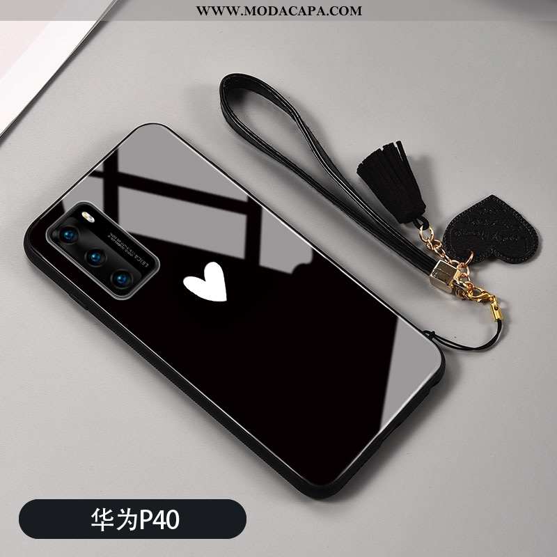 Capas Huawei P40 Vidro Personalizado Silicone Coração Preto Protetoras Venda