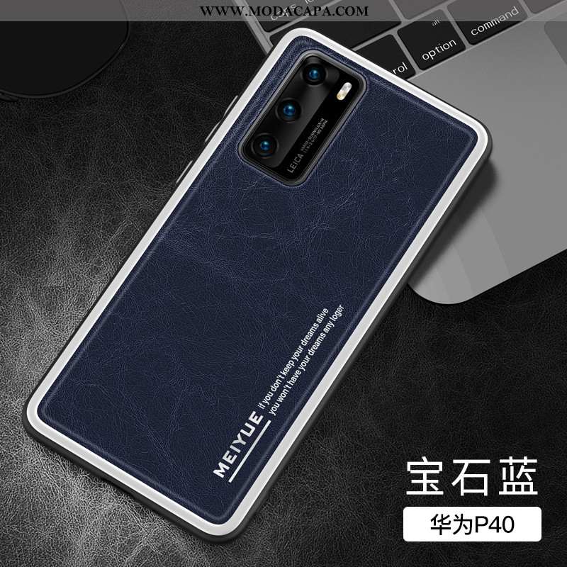 Capas Huawei P40 Couro Legitimo Antiqueda Slim Completa Telemóvel Azul Escuro Super Baratos