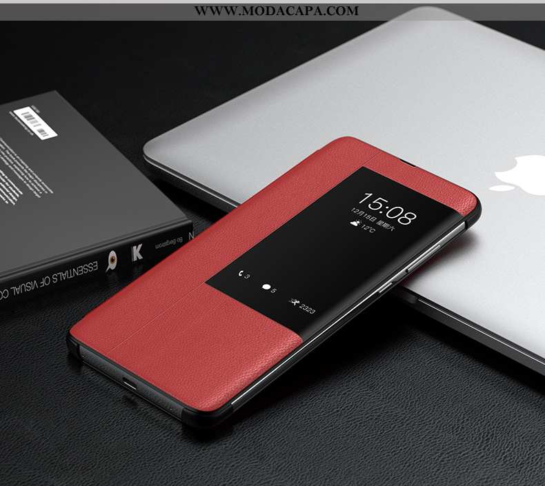 Capa Huawei P40 Pro Couro Original Cover Completa Protetoras Legitimo Vermelho Inteligente Venda