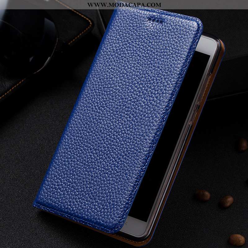 Capa Moto G7 Couro Legitimo Telemóvel Capas Protetoras Azul Escuro Cases Baratas