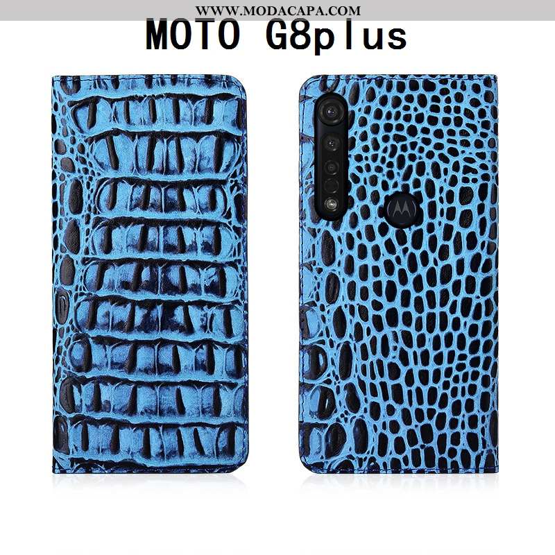 Capas Moto G8 Plus Soft Cover Couro Couro Genuíno Azul Completa Telemóvel Baratas