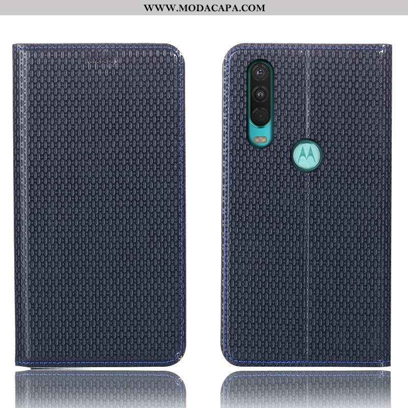 Capas Motorola One Action Couro Genuíno Azul Escuro Protetoras Telemóvel Completa Cases Cover Venda