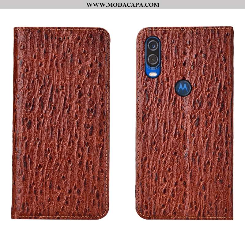 Capas Motorola One Vision Protetoras Marrom Couro Genuíno Cases Pássaro Cover Baratas