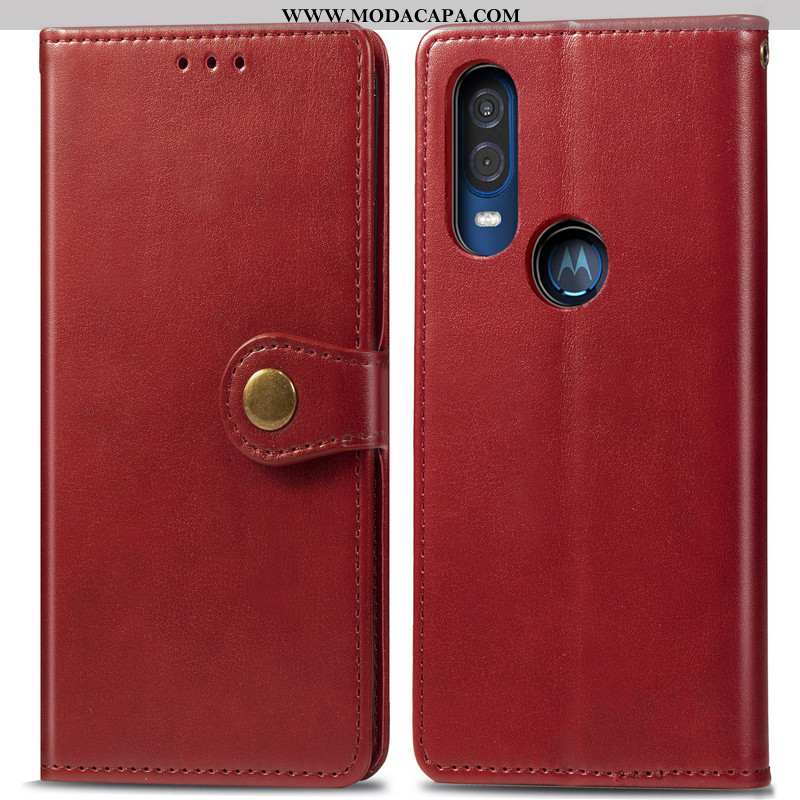 Capas Motorola One Vision Couro Lisas Simples Telemóvel Cover Negócio Vermelho Baratas