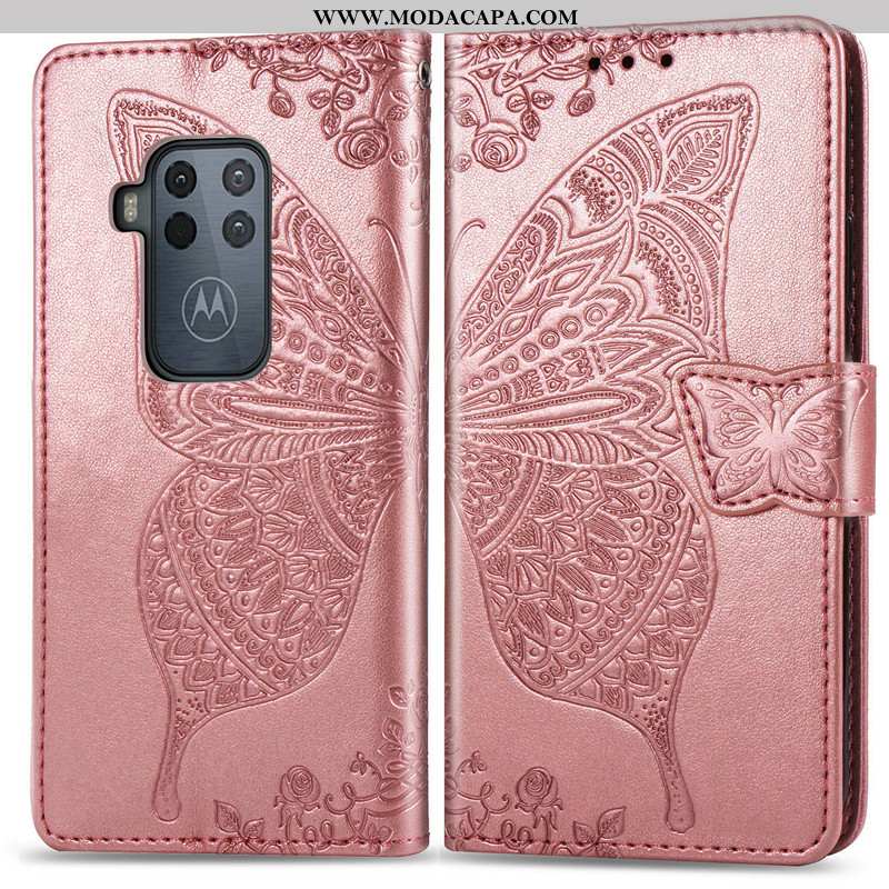 Capa Motorola One Zoom Couro Telemóvel Cover Borboleta Rosa Cordao Florida Barato