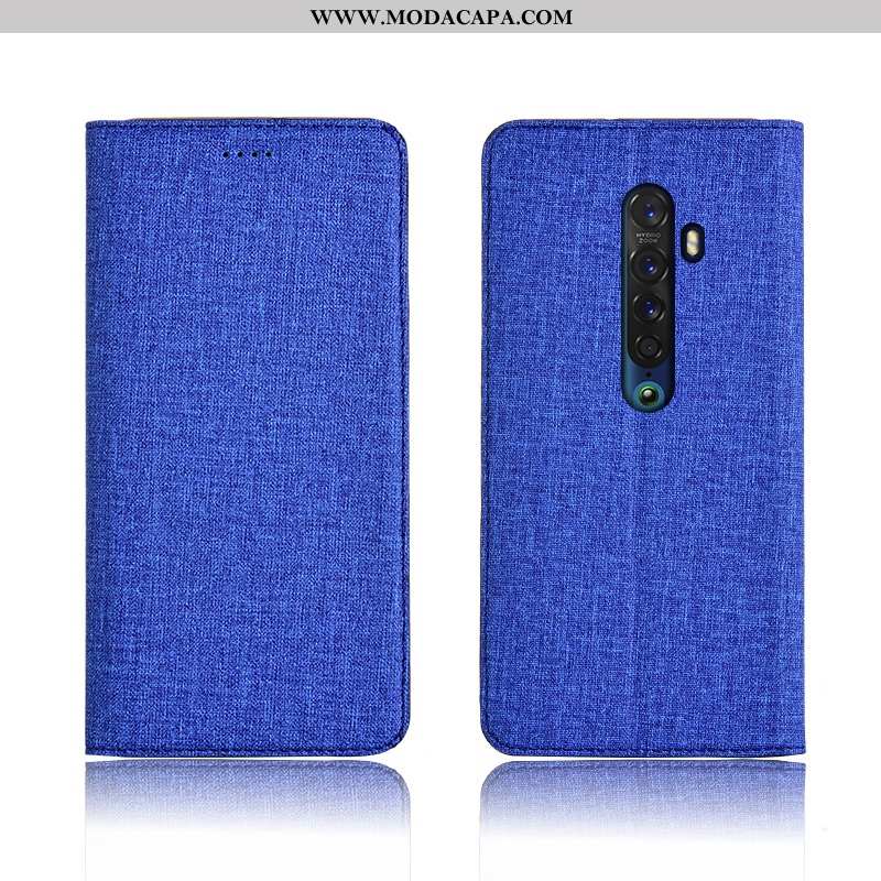 Capa Oppo Reno2 Linho Telemóvel Protetoras Cases Azul Escuro Completa Couro Venda