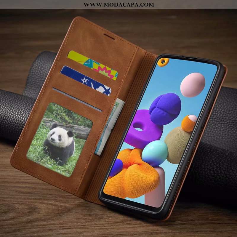 Capa Samsung Galaxy A21s Tendencia Couro Antiqueda Marrom Cases Completa Telemóvel Venda