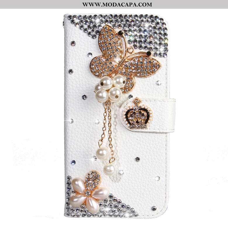 Capa Samsung Galaxy A50s Strass Branco Cases Cover Telemóvel Floral Couro Baratos