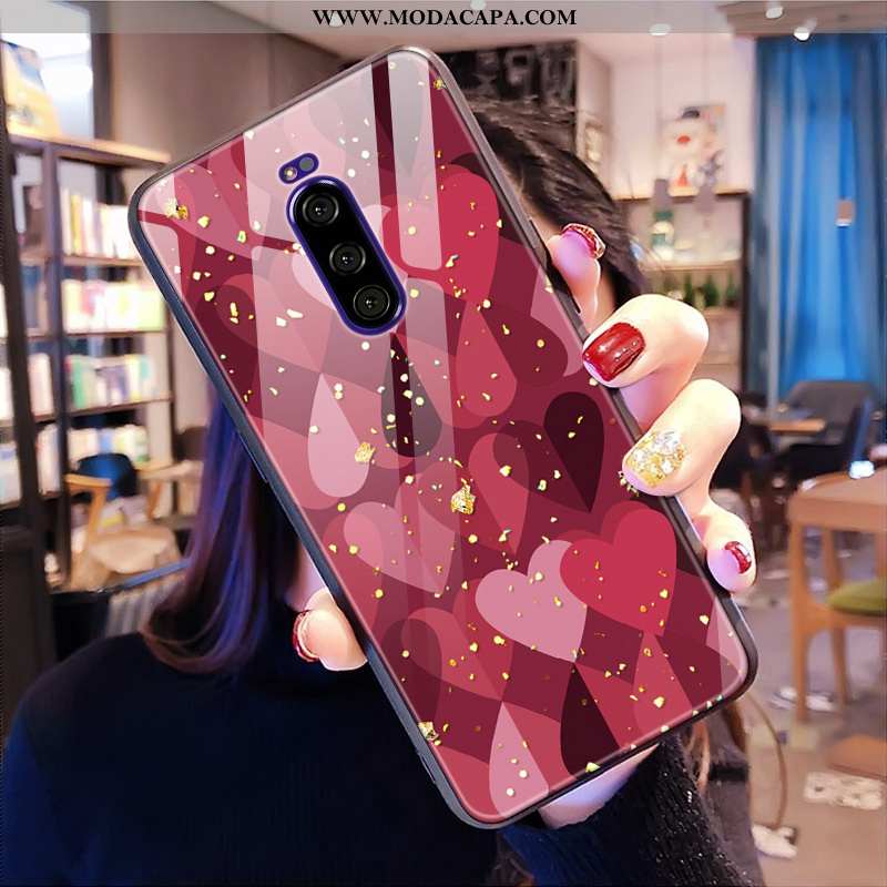 Capas Sony Xperia 1 Vidro Telemóvel Vermelho Rosa Malha Coração Venda