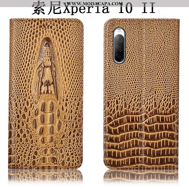 Capa Sony Xperia 10 Ii Couro Legitimo Antiqueda Pulôver Capas Telemóvel Protetoras Caqui Baratas