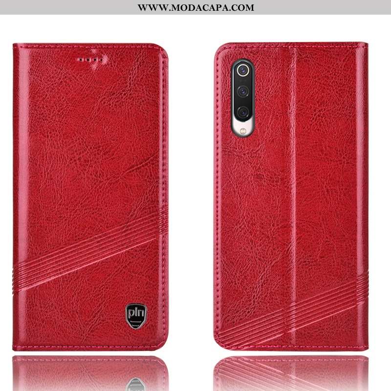 Capa Xiaomi Mi 9 Lite Couro Legitimo Preto Telinha Vermelho Cases Completa Cover Promoção