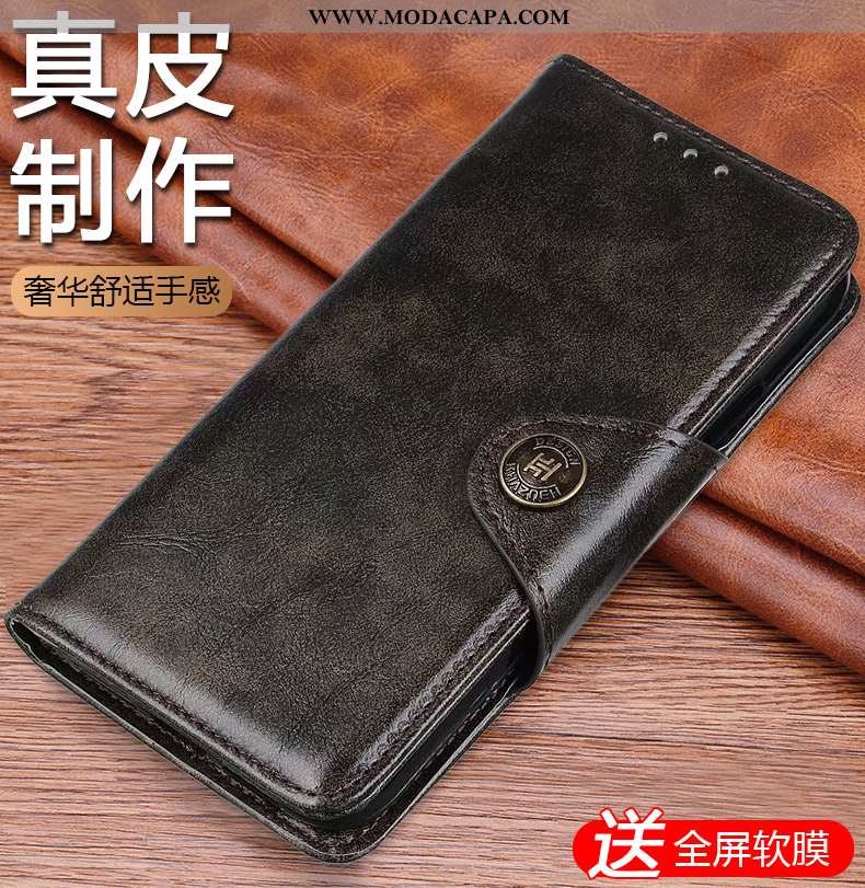 Capas Xiaomi Mi Note 10 Lite Couro Genuíno Cover De Grau Frente E Verso Marrom Cases Baratas