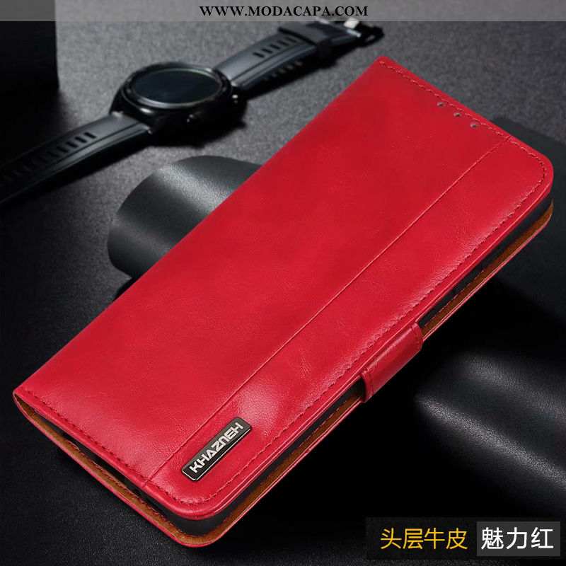 Capa Xiaomi Mi Note 10 Lite Couro Genuíno Couro Vermelho Cases Telinha Completa Telemóvel Baratas