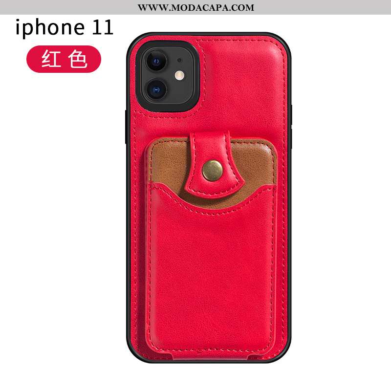 Capa iPhone 11 Couro Preto Suporte Vermelho Antiqueda Telemóvel Capas Promoção