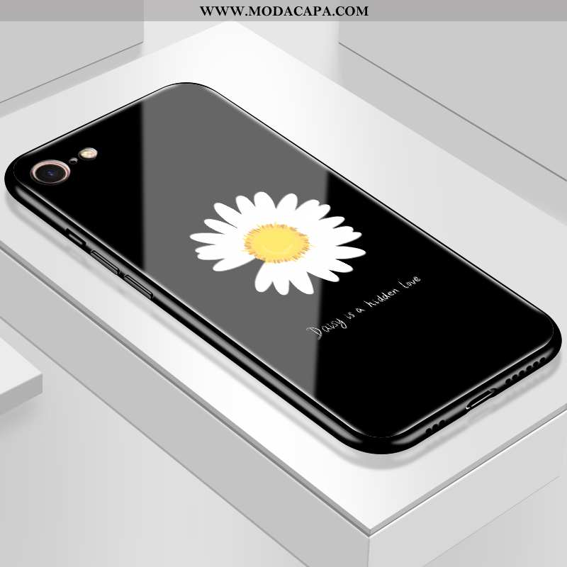Capas iPhone 8 Estilosas Malha Completa Vidro Preto Florido Frente Venda