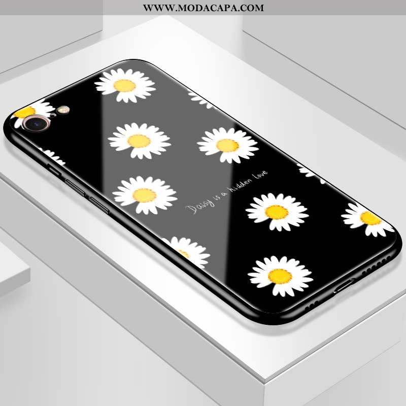 Capas iPhone 8 Estilosas Malha Completa Vidro Preto Florido Frente Venda