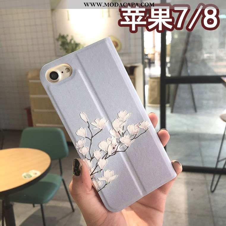 Capa iPhone 8 Couro Floral Capas Protetoras Telemóvel Azul Cover Baratos