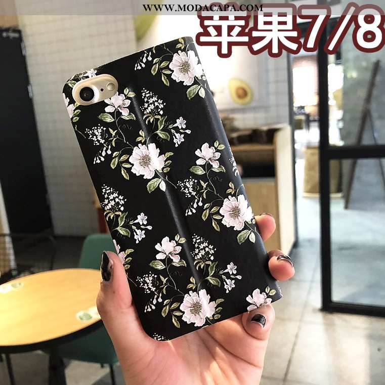 Capa iPhone 8 Couro Floral Capas Protetoras Telemóvel Azul Cover Baratos