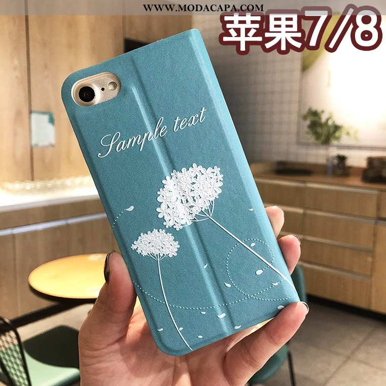 Capa iPhone 8 Couro Floral Capas Protetoras Telemóvel Azul Cover Baratos