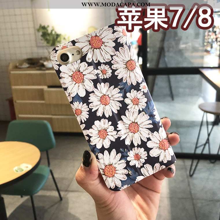 Capa iPhone 8 Couro Floral Capas Protetoras Telemóvel Azul Cover Baratos