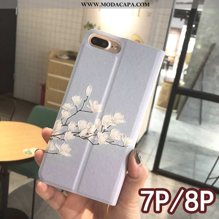 Capa iPhone 8 Couro Floral Capas Protetoras Telemóvel Azul Cover Baratos