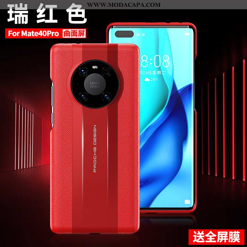 Capa Huawei Mate 40 Pro Couro Genuíno De Grau Protetoras Cases Telemóvel Vermelho Personalizadas Bar