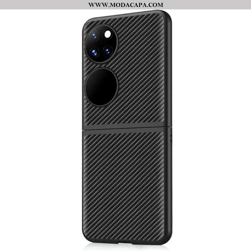 Capa Para Huawei P50 Pocket Couro Genuíno E Fibra De Carbono