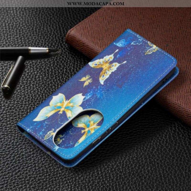 Capa De Celular Para Huawei P50 Pro Flip Borboletas Coloridas