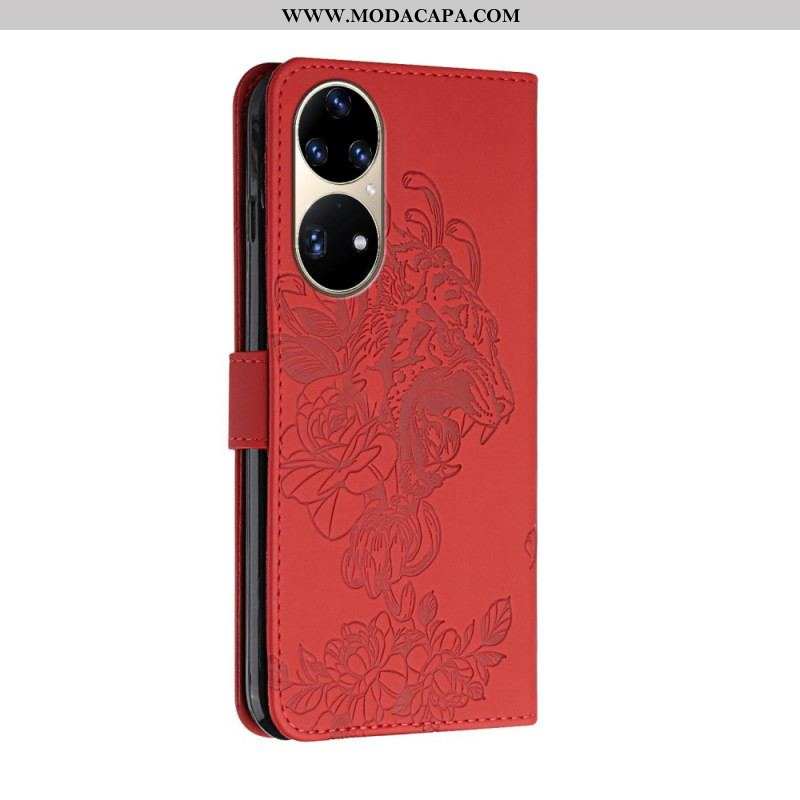 Capa Flip Para Huawei P50 Pro De Cordão Tigre Barroco Strappy