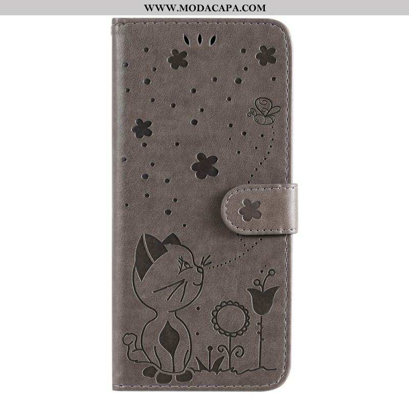 Capa Folio Para Moto E40 / E30 / E20 De Cordão Gato E Abelha Com Cordão