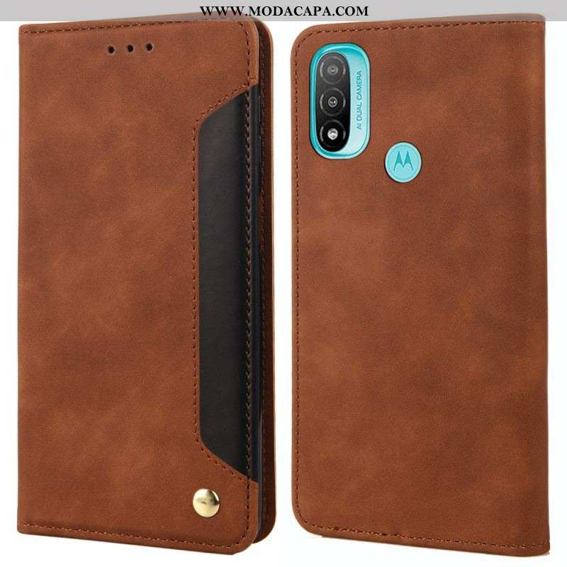 Capa De Celular Para Moto E40 / E30 / E20 Flip Efeito Couro Empresarial Em Dois Tons