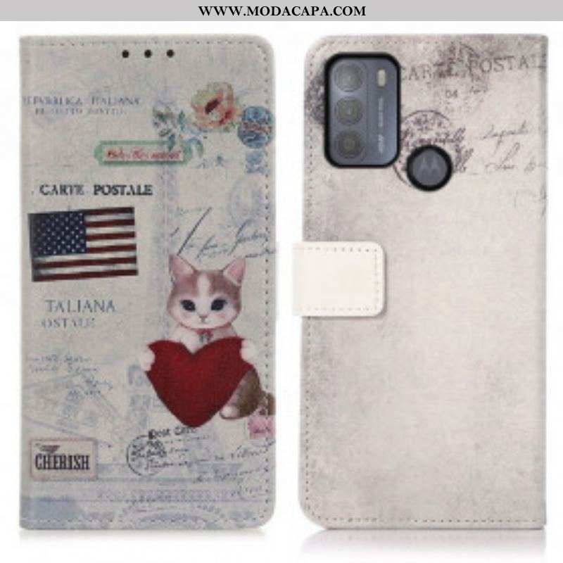 Capa Flip Para Moto G50 Gato Viajante