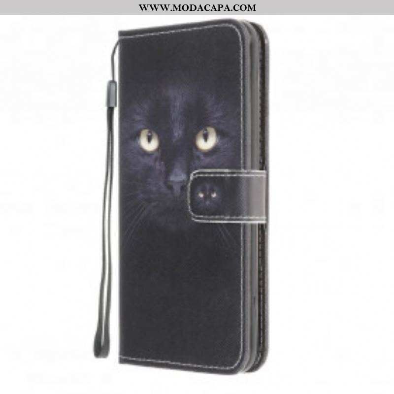 Capa Folio Para Moto G50 De Cordão Olhos De Gato Preto Com Tiras