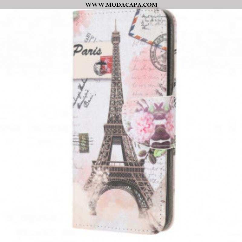 Capa Folio Para Moto G50 Torre Eiffel Retrô