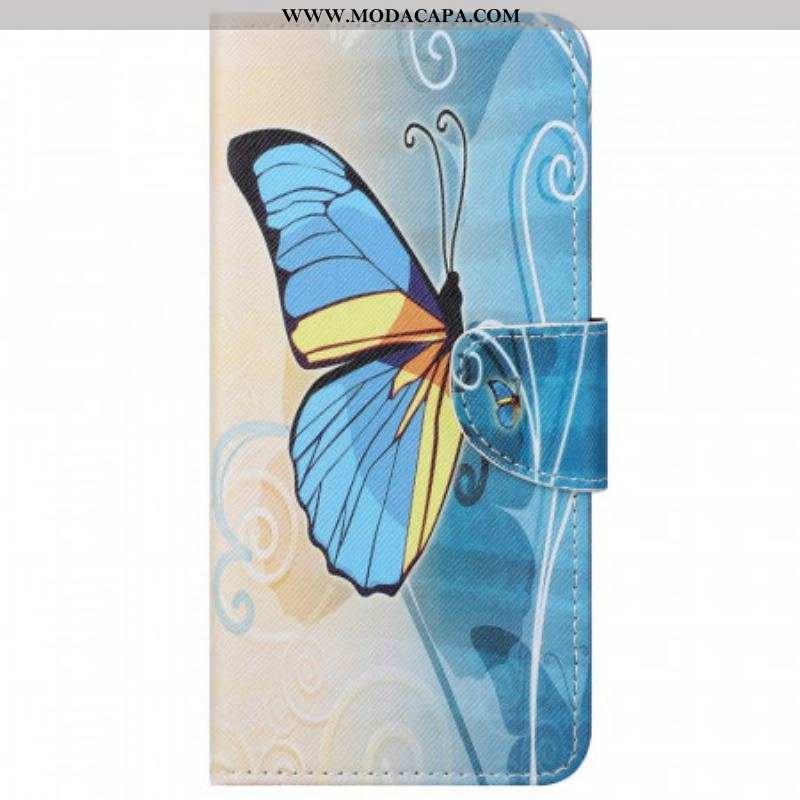 Capa De Couro Para Moto G51 5G Borboleta Azul E Amarela