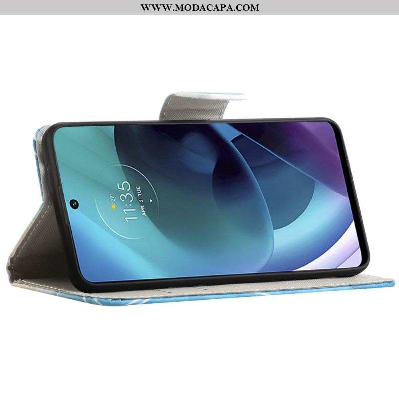 Capa De Couro Para Moto G51 5G Borboleta Azul E Amarela