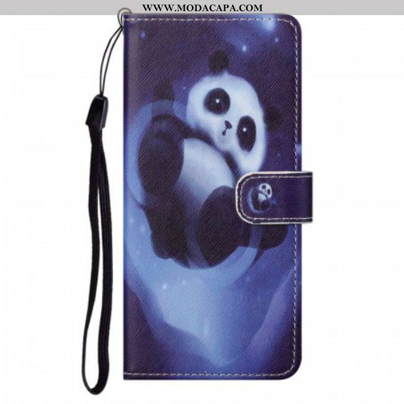 Capa De Couro Para Moto G71 5G De Cordão Espaço Panda Com Lanyard