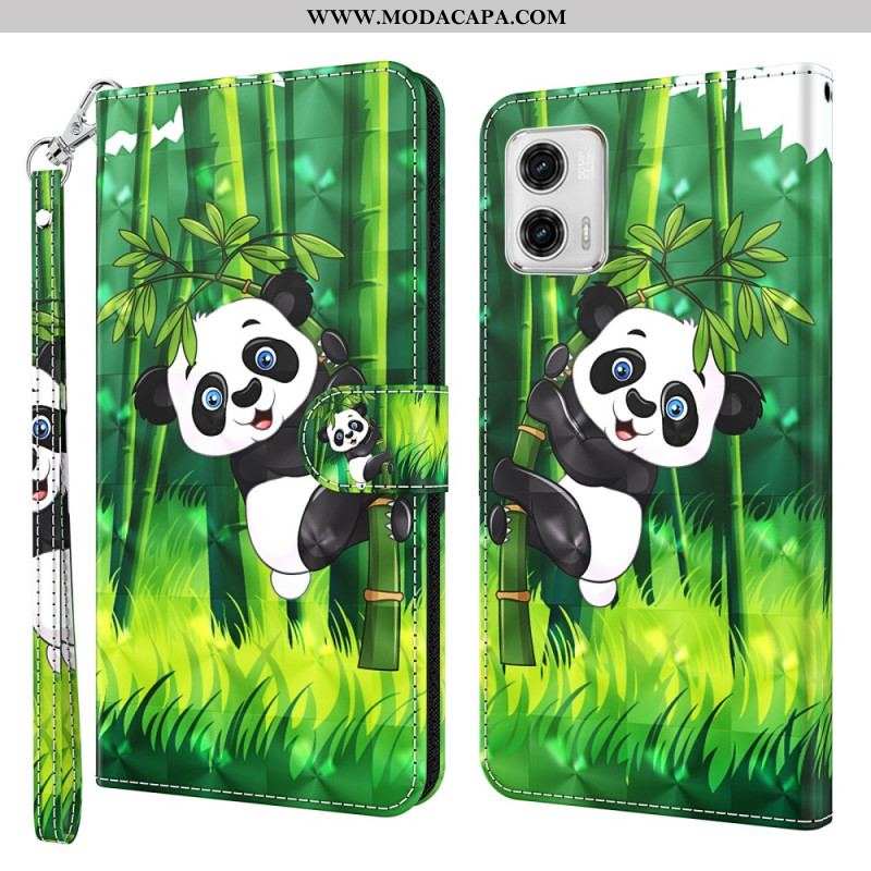 Capa Flip Para Moto G73 5G De Cordão Panda E Bambu Com Lanyard