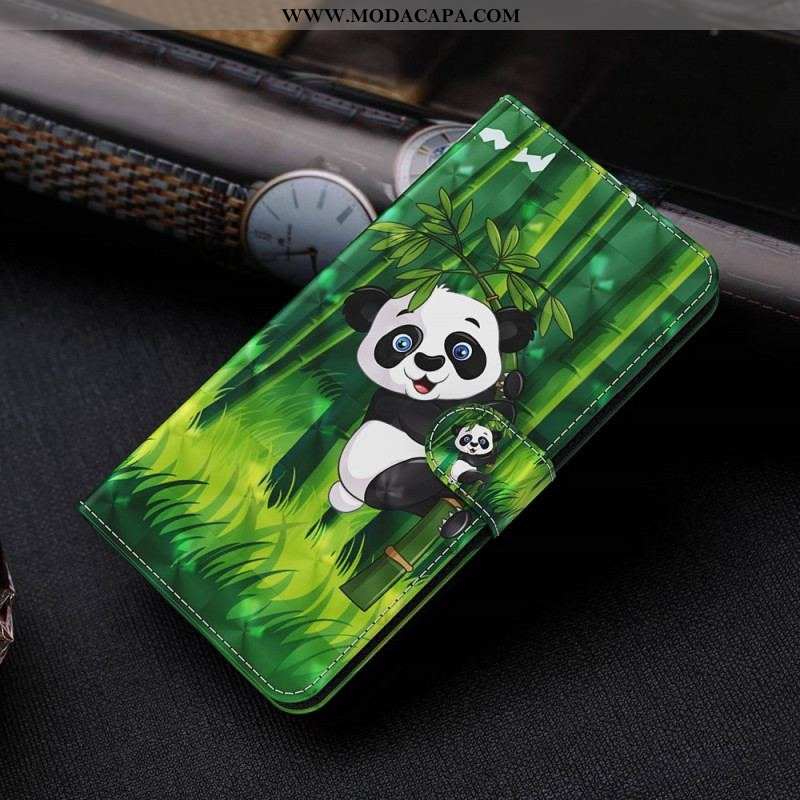 Capa Flip Para Moto G73 5G De Cordão Panda E Bambu Com Lanyard