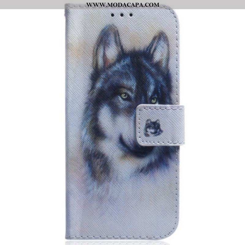 Capa Flip Para Moto G73 5G De Cordão Strappy Aquarela Lobo