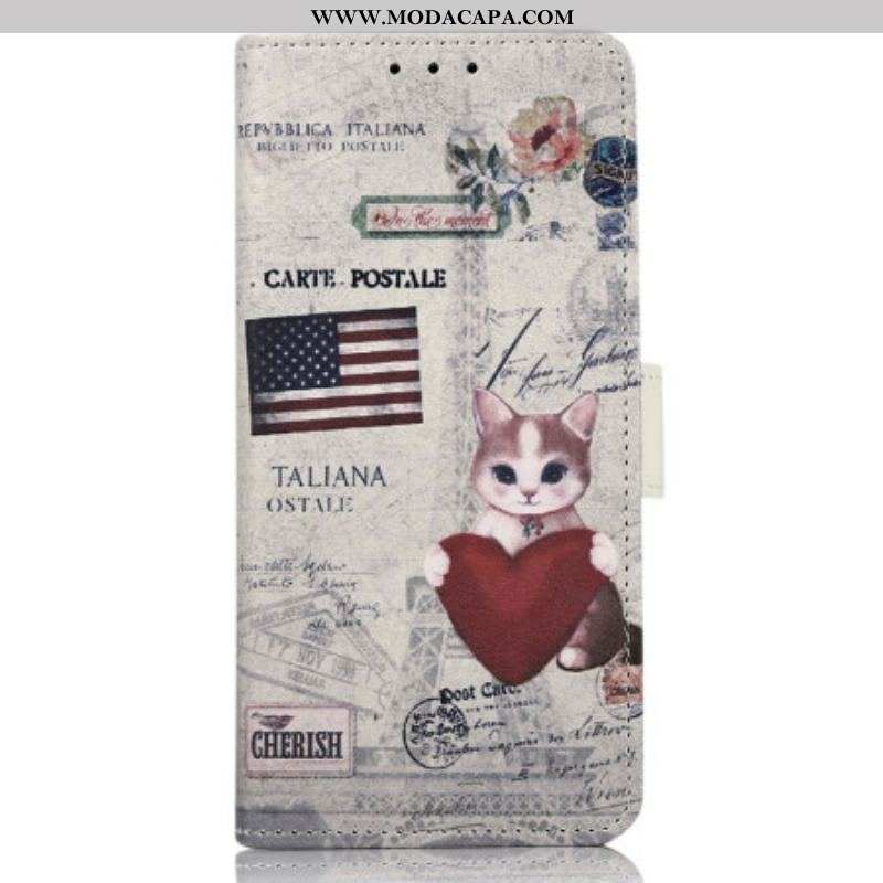 Capa Folio Para OnePlus 10T 5G Gato Viajante