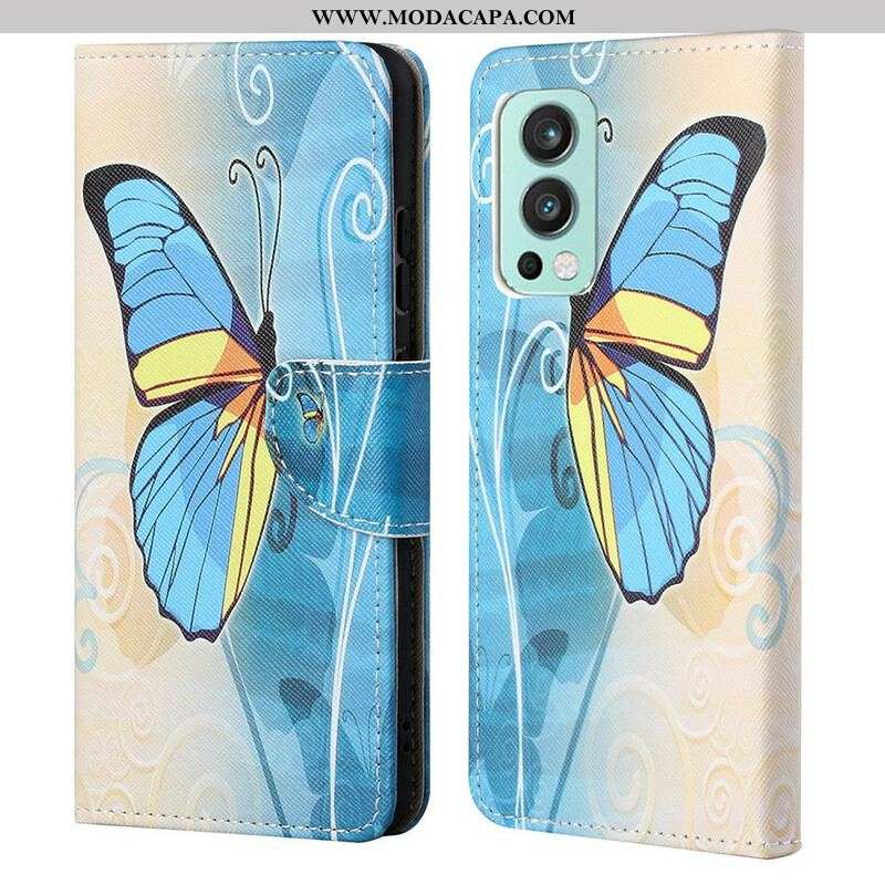 Capa Folio Para OnePlus Nord 2 5G Borboleta Azul E Amarela