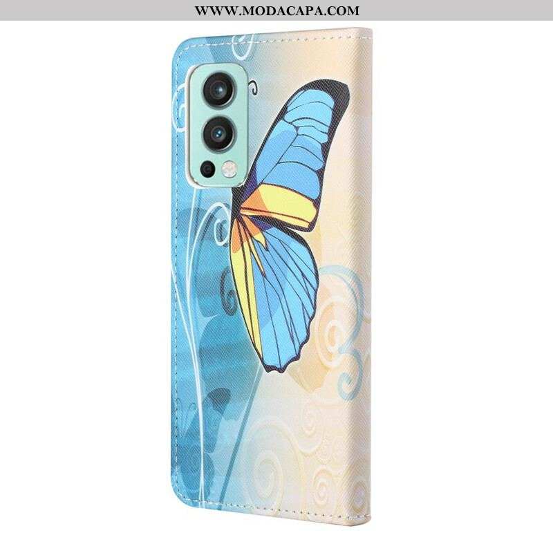 Capa Folio Para OnePlus Nord 2 5G Borboleta Azul E Amarela