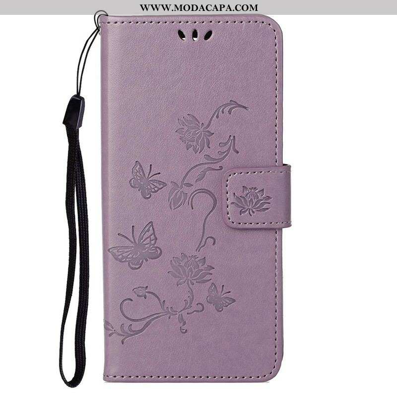 Capa De Couro Para OnePlus Nord 2 5G De Cordão Tanga Borboletas E Flores