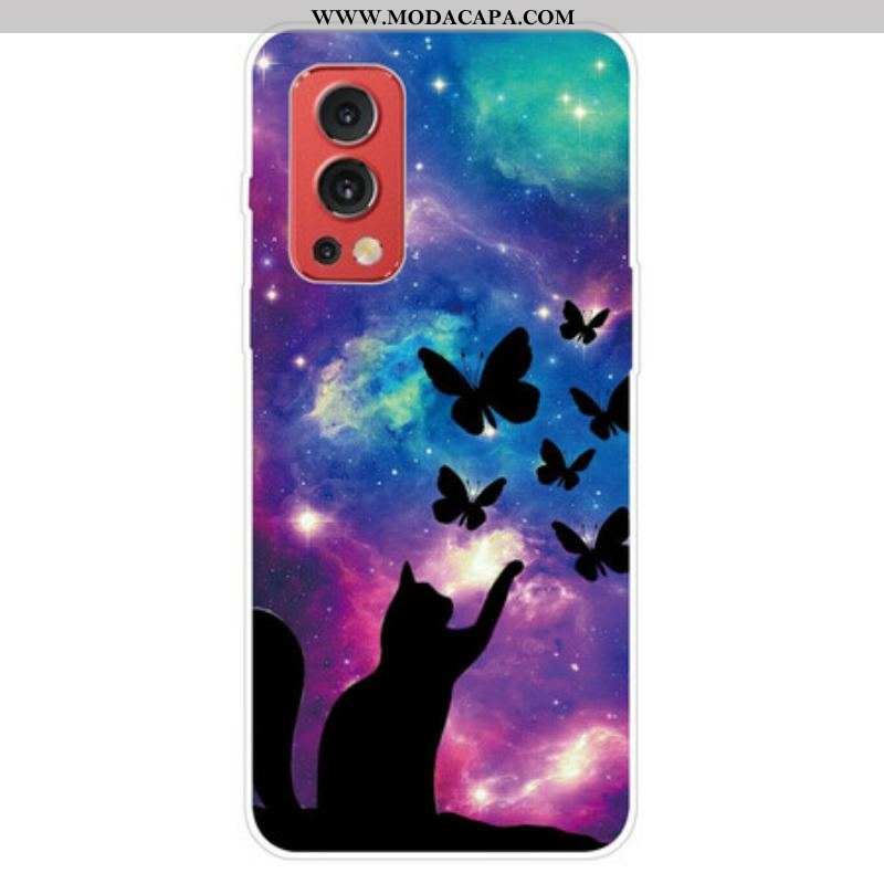 Capa Para OnePlus Nord 2 5G Gato E Borboletas No Espaço