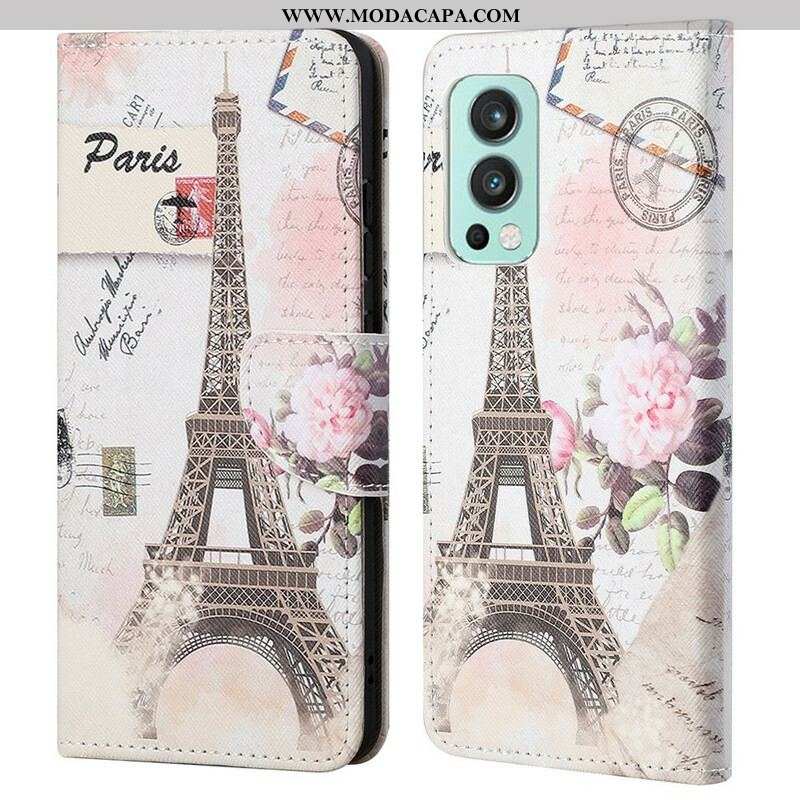 Capa Folio Para OnePlus Nord 2 5G Torre Eiffel Retrô