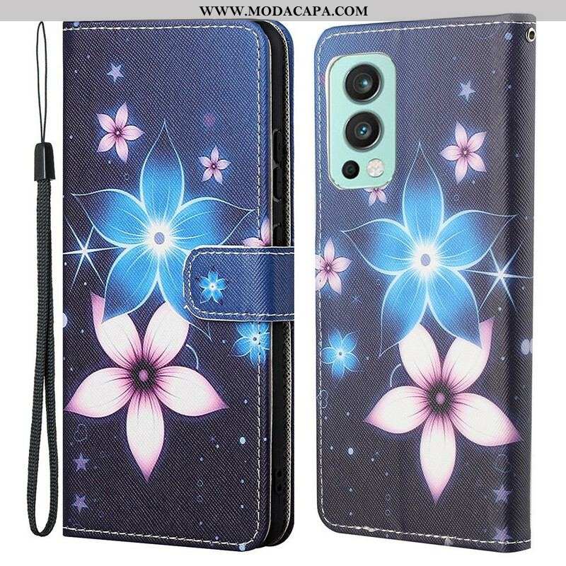 Capa Folio Para OnePlus Nord 2 5G De Cordão Flores De Cinta Lunar