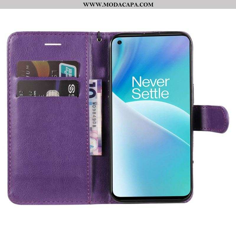 Capa Folio Para OnePlus Nord 2T 5G De Cordão Titular De Cartão Com Alça De Couro Falso