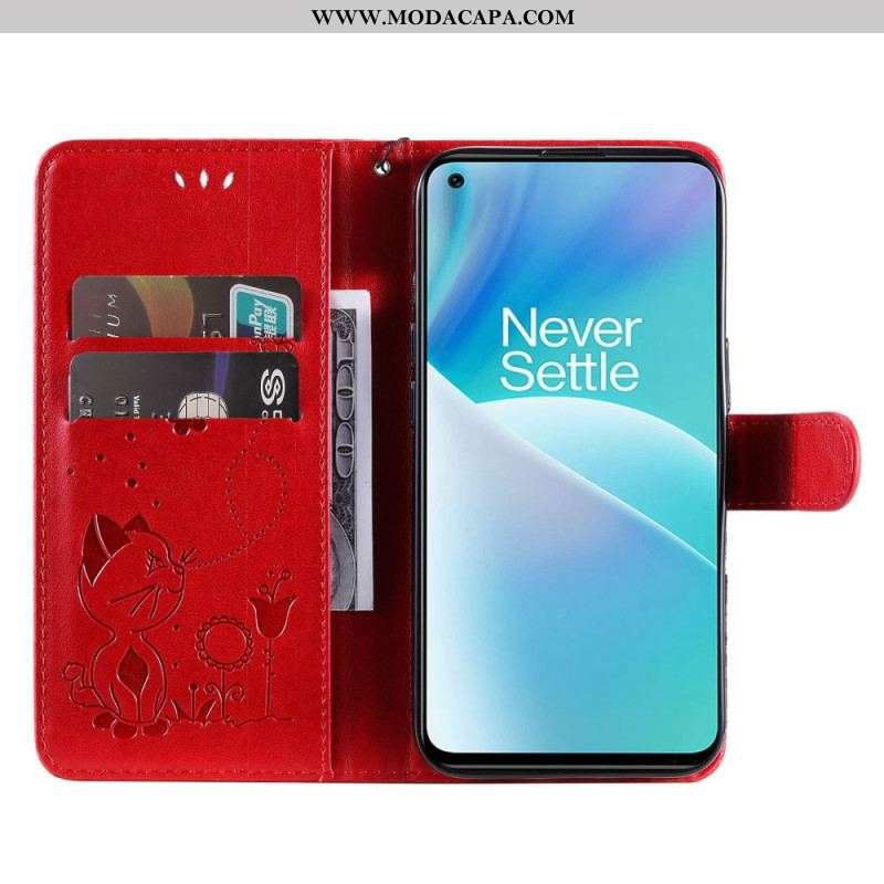 Capa De Couro Para OnePlus Nord 2T 5G De Cordão Gato E Abelha Com Porta-cartões Com Cordão